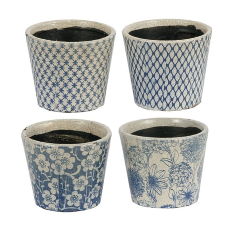 CC Home Furnishings Set of 4 Blue and White Garden Style Planters 5.5"