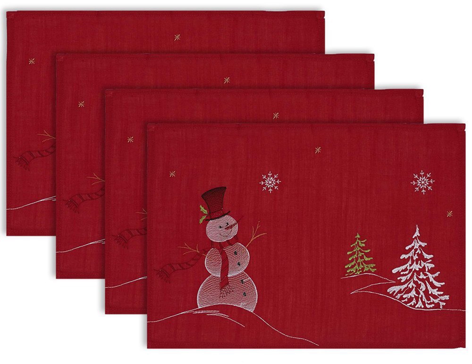 Red Embroidered Snowman Christmas Placemats Set of 4