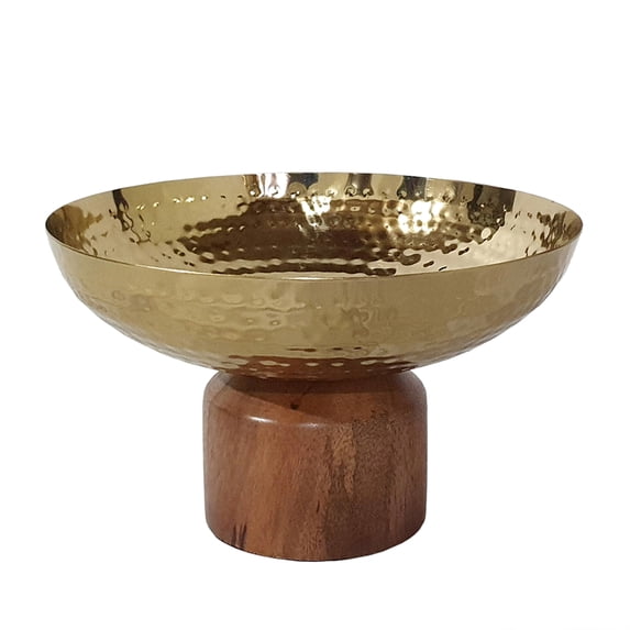CC Home Furnishings Small Punched Bowl with Acacia Base - 8" - Gold and Brown