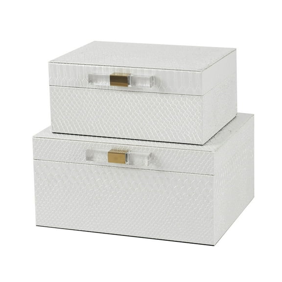 CC Home Furnishings Faux Snakeskin Leather Boxes - 10.25" - White - Set of 2