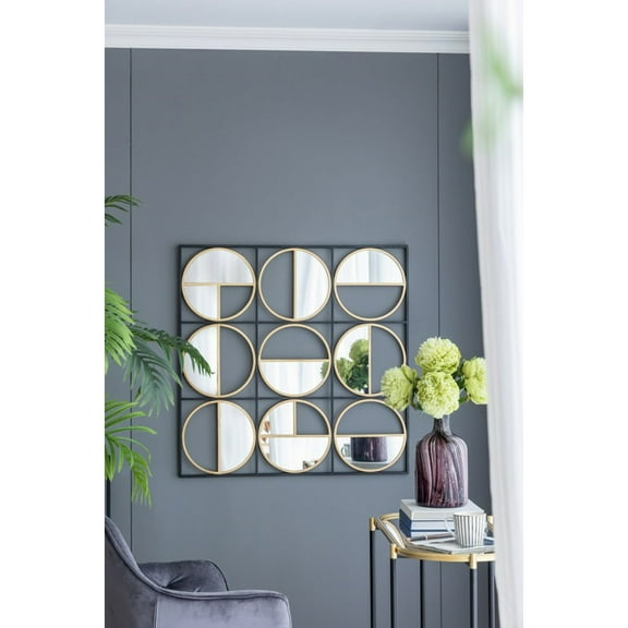 CC Home Furnishings Geometric Metal Framed Square Wall Mirror - 35.5" - Black and Gold