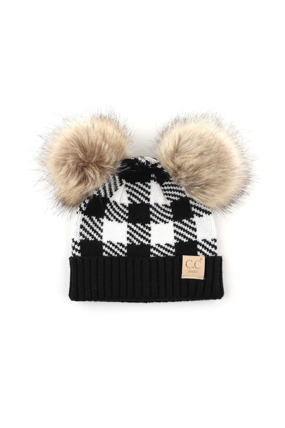 CC Kids Buffalo Plaid Double Pom Beanie - Soft, Warm Hats for Babies and Toddlers - Cozy Winter Wear