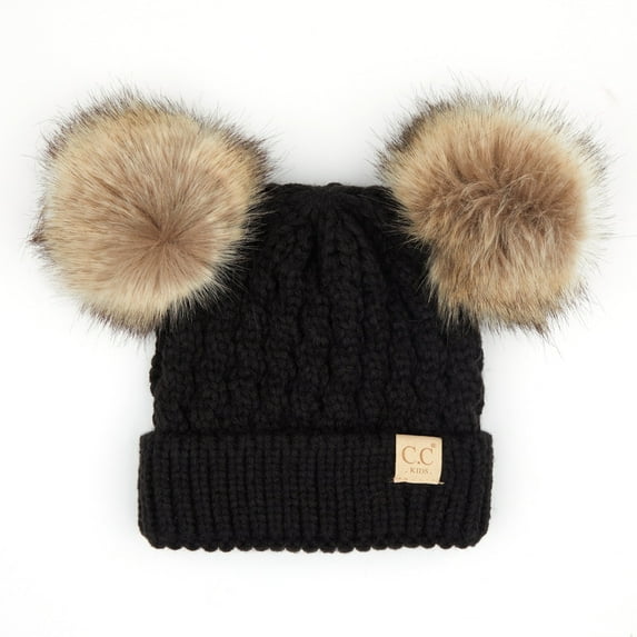 CC Kids Double Natural Pom Beanie Toddler Kids, Black Ages 1-5