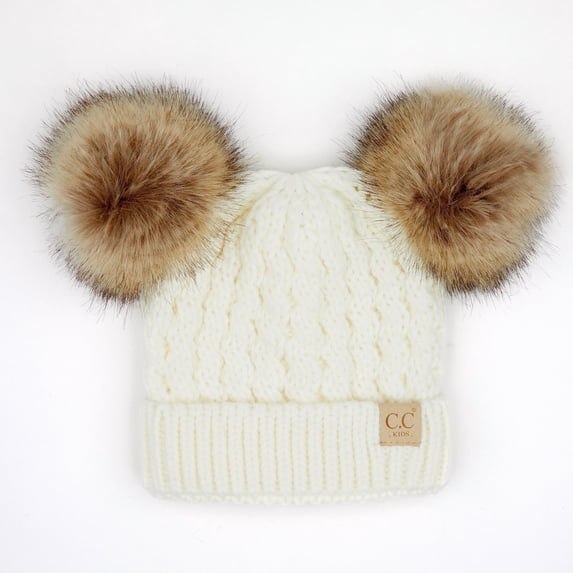CC Kids Double Plush Pom Beanie Toddler Kids, Ivory Ages 1-5