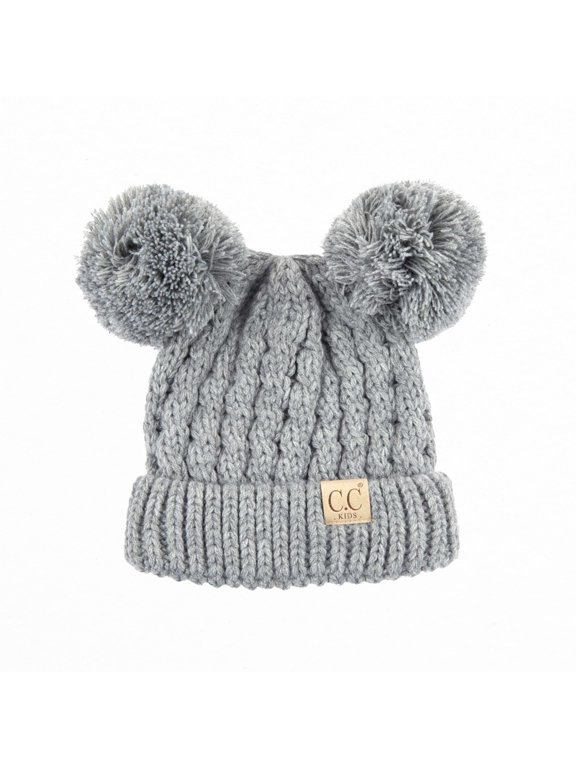 CC Kids Double Pom Beanie Toddler Kids, Light Grey Ages 1-5