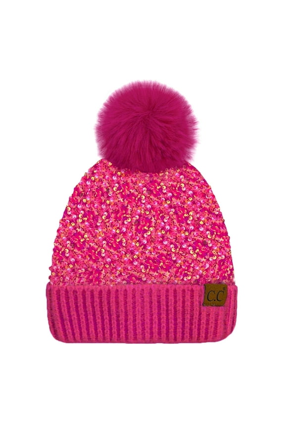 CC Kids Sequin Faux Fur Pom Beanie