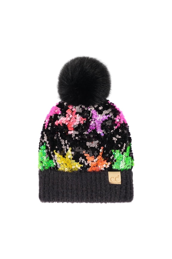 CC Kids Sequin Faux Fur Pom Beanie