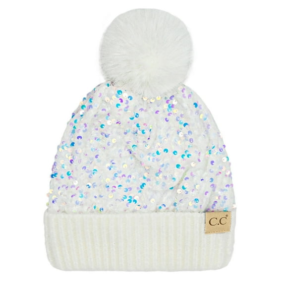 CC Kids Sequin Plush Pom Beanie - Soft, Warm Hats for Babies and Toddlers - Cozy Winter Wear