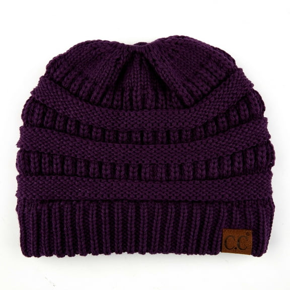 C.C Messy Bun Ponytail Beanie Warm Winter Hat for Women, Purple