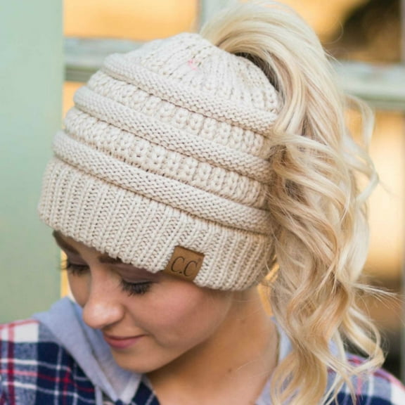 C.C Messy Bun Ponytail Beanie Comfortable Winter Hat for Women, New Beige