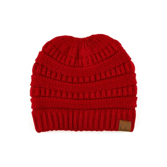 C.C Messy Bun Ponytail Beanie Soft Cozy Ponytail Hat for Women, Red