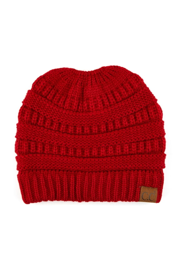 Messy Bun Ponytail Beanie Soft Cozy Ponytail Hat for Women, Red