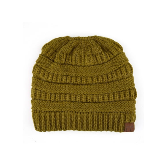 C.C Messy Bun Ponytail Beanie Warm Knit Hat with Hair Opening, Olive