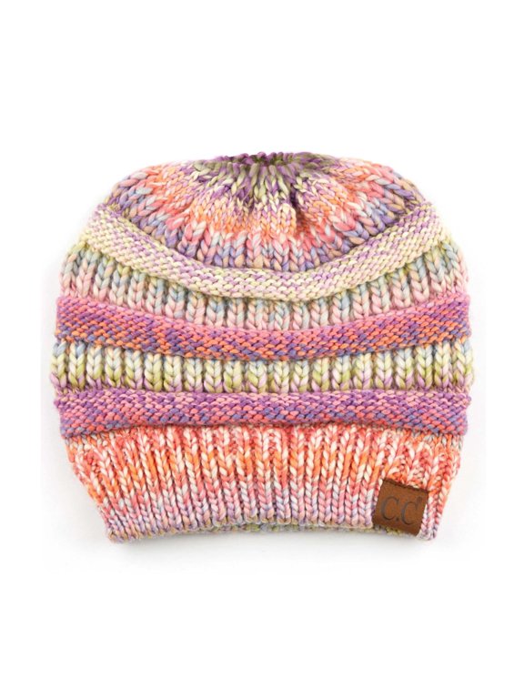 Messy Bun Ponytail Beanie Cozy Knit Hat for Winter, Rose Mix