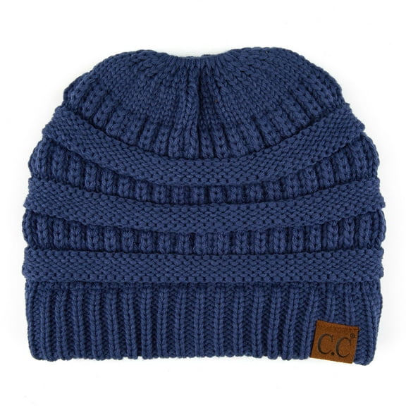C.C Messy Bun Ponytail Beanie Soft Cozy Winter Hat for Teens and Adults, Dark Denim