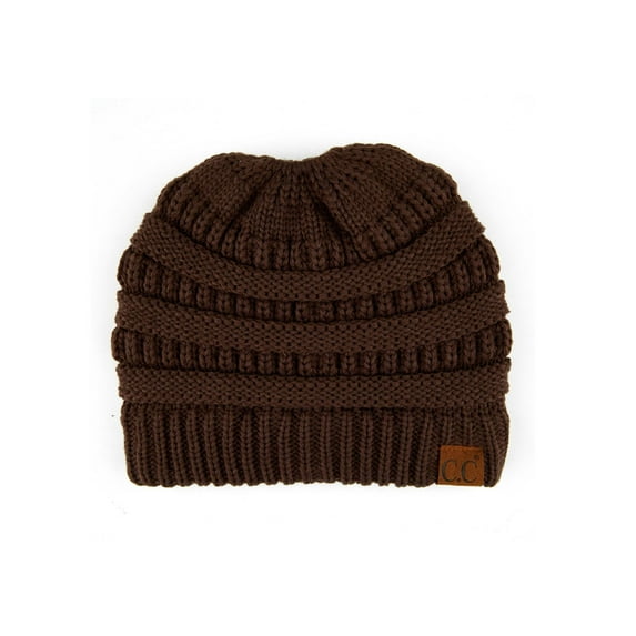 C.C Messy Bun Ponytail Beanie Cozy Winter Hat for Women and Teens, Brown