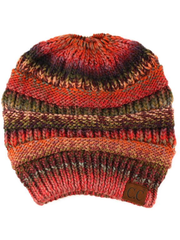 Messy Bun Ponytail Beanie Warm Thermal High Bun Hat, Rust Mix