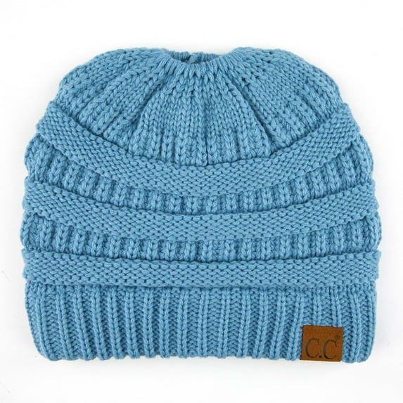 C.C Messy Bun Ponytail Beanie Cozy Fitted Knit Hat for Women, Denim