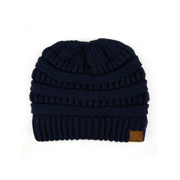 C.C Messy Bun Ponytail Beanie Soft Cozy High Bun Hat, Navy