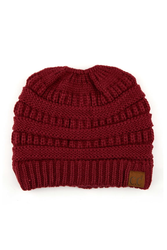Messy Bun Ponytail Beanie Cozy Knit Hat with Hair Opening, Maroon