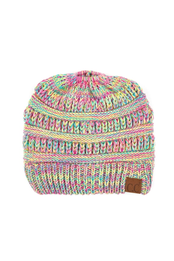 Messy Bun Ponytail Beanie Soft Cozy Knit Hat, Yellow Multi