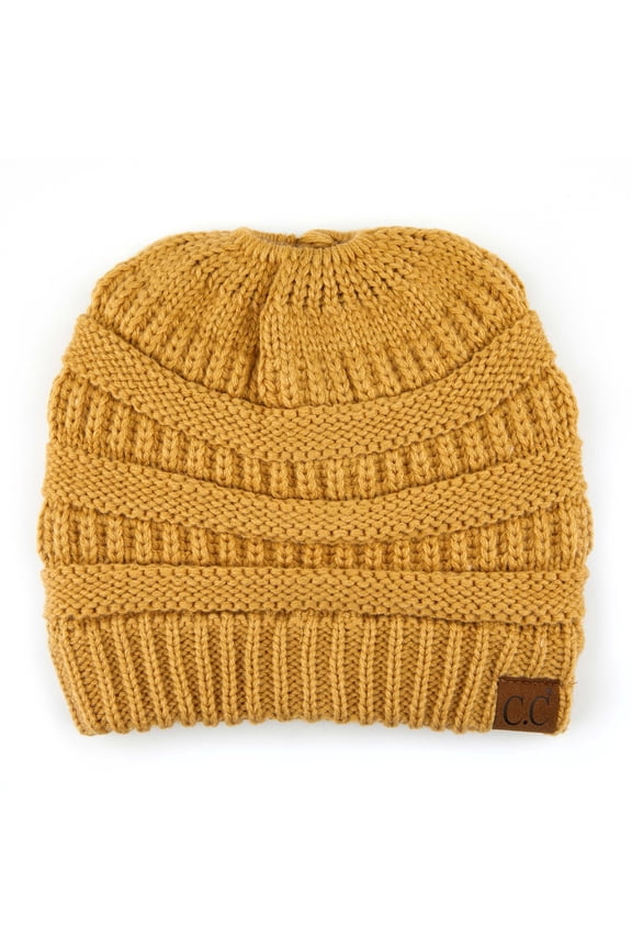 Messy Bun Ponytail Beanie Warm High Bun Hat for Women, Camel
