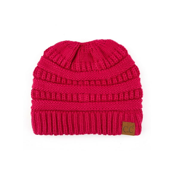 C.C Messy Bun Ponytail Beanie Cozy Knit Hat with High Bun Opening, Hot Pink