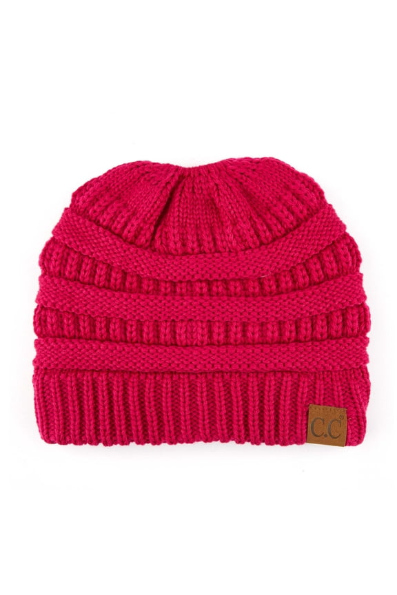 Messy Bun Ponytail Beanie Cozy Knit Hat with High Bun Opening, Hot Pink