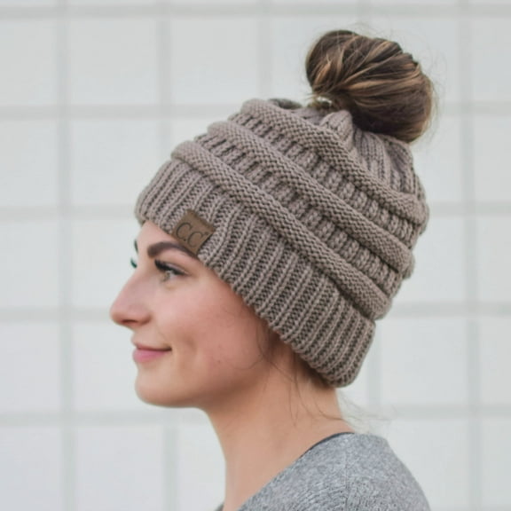 C.C Messy Bun Ponytail Beanie Warm Knit Ponytail Hat, Taupe