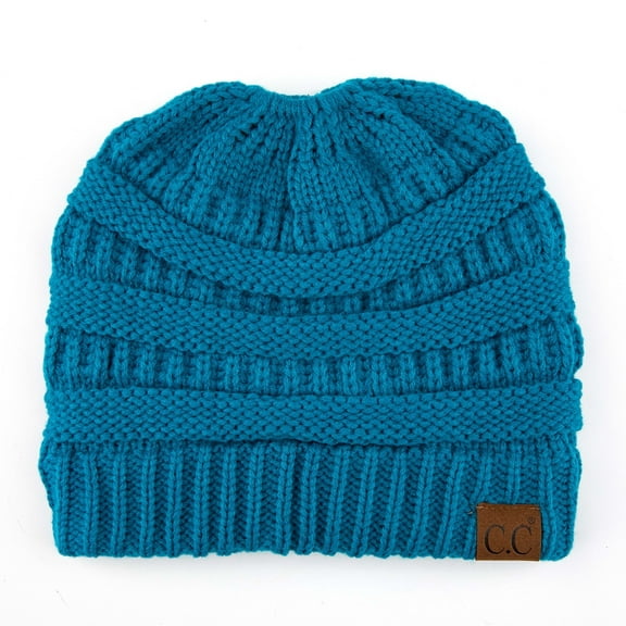 C.C Messy Bun Ponytail Beanie Cozy Hair-Through Hat for Women, Teal