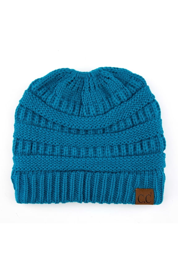 Messy Bun Ponytail Beanie Cozy Hair-Through Hat for Women, Teal