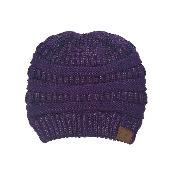 C.C Metallic Messy Bun Ponytail Beanie Warm Knit High Bun Hat, Metallic Purple