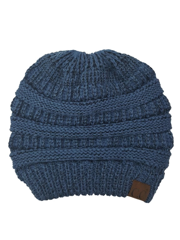 Metallic Messy Bun Ponytail Beanie Warm Shimmer Knit Hat, Metallic Dark Denim