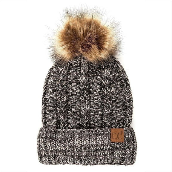 C.C Multi-Color Faux Pom Beanie Cozy Hat, Black Grey Beige