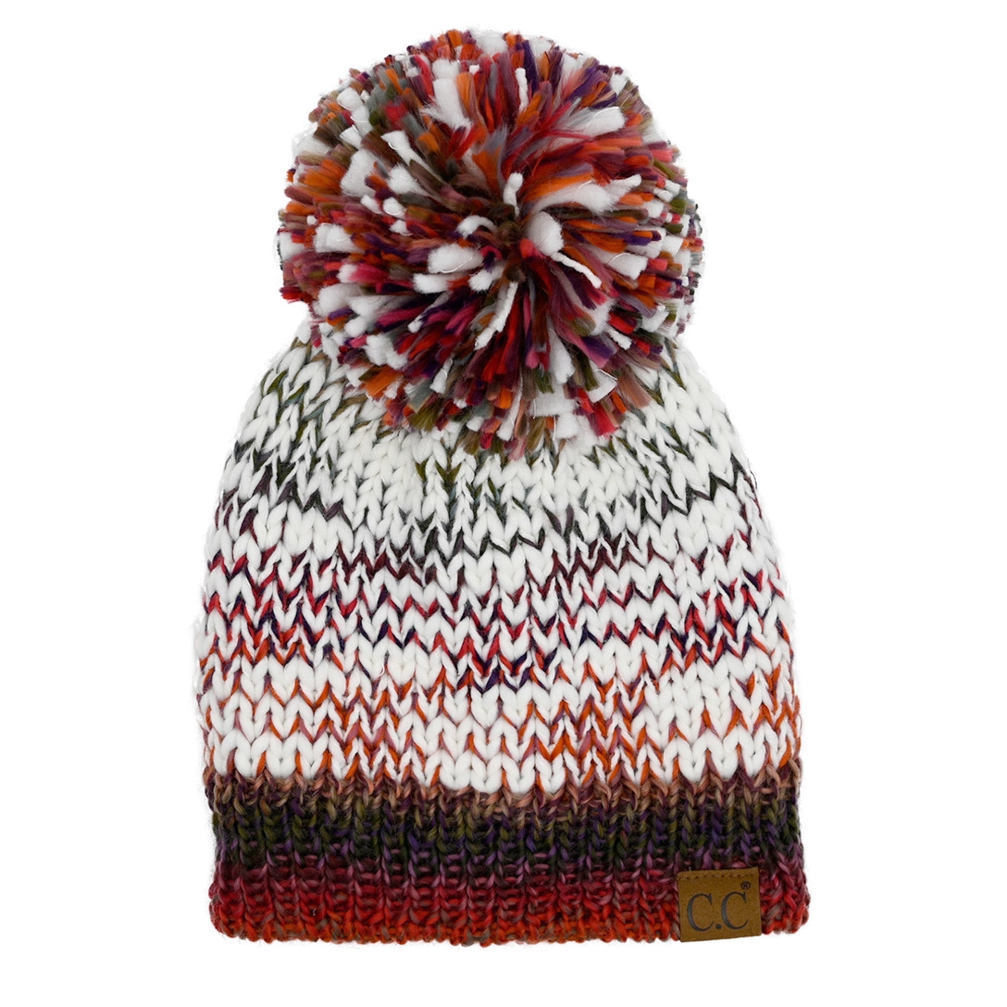 Multi Colored Holiday Beige Red Green Knit Faux Fur Pompom Beanie Winter Hat IZUS Winter-Warm Christmas Thicken-Knit-Caps W/White-Pom  main image 3