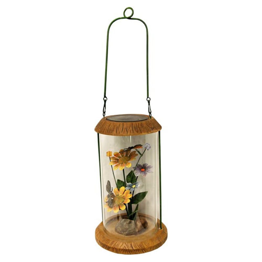 10.5" LED Solar Powered Outdoor Garden Lantern with Metal Flowers