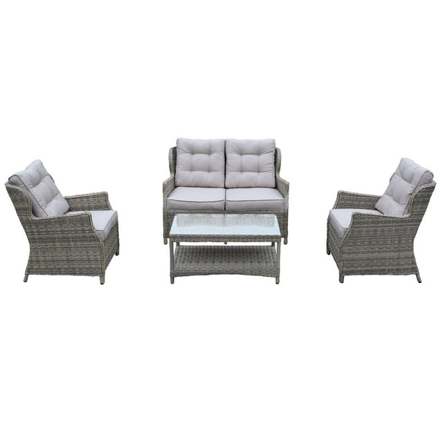 CC Outdoor Living 4-Piece Brown Borneo All-Weather Resin Wicker Chat Set w/ Gray Cushions