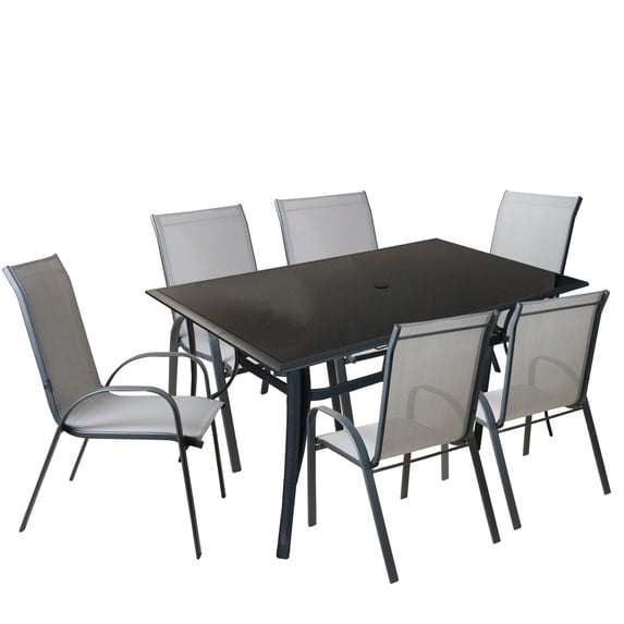 CC Outdoor Living 7pc Black and Gray Outdoor Mesh Textilene and Steel Rectangle Patio Dining Set -