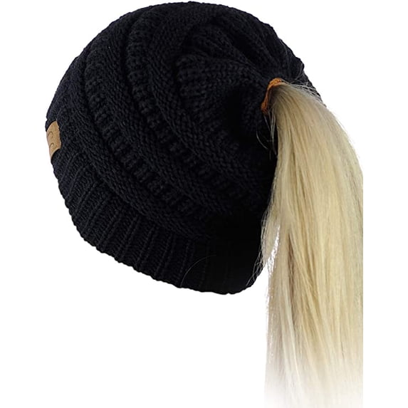 CC Ponytail Messy Bun BeanieTail Soft Winter Knit Stretch Beanie Hat Black