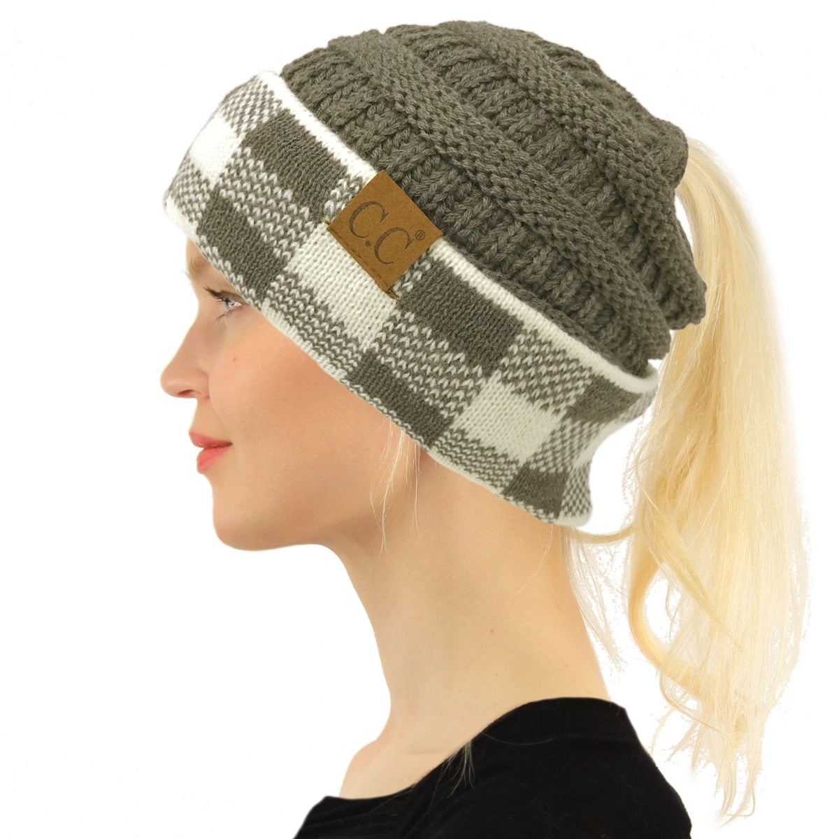 CC Ponytail Messy Bun BeanieTail Soft Winter Knit Stretch Beanie Hat (Buffalo Plaid Dk. Melange Gray/White) - image 1 of 2