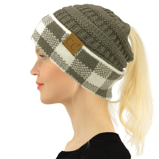 CC Ponytail Messy Bun BeanieTail Soft Winter Knit Stretch Beanie Hat (Buffalo Plaid Dk. Melange Gray/White)
