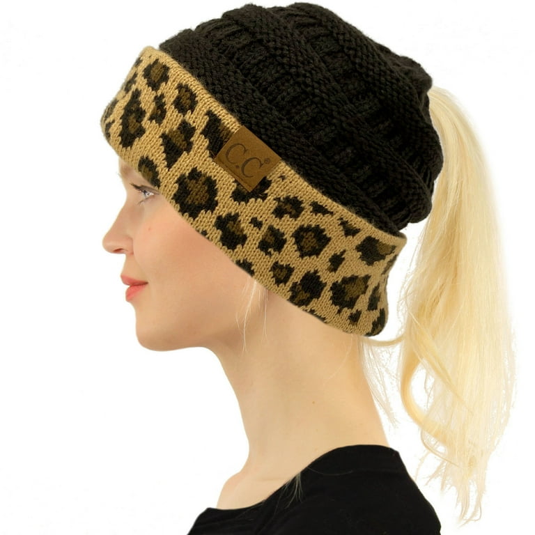 CC Ponytail Messy Bun BeanieTail Soft Winter Knit Stretch Beanie