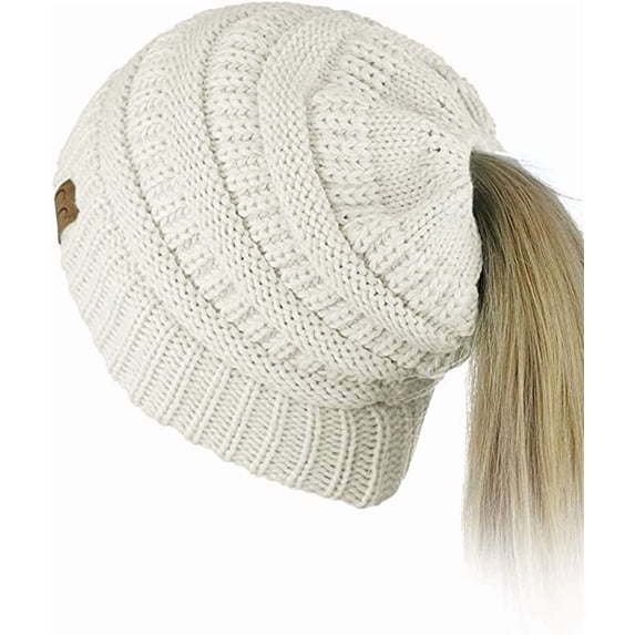CC Ponytail Messy Bun BeanieTail Soft Winter Knit Stretch Beanie Hat White