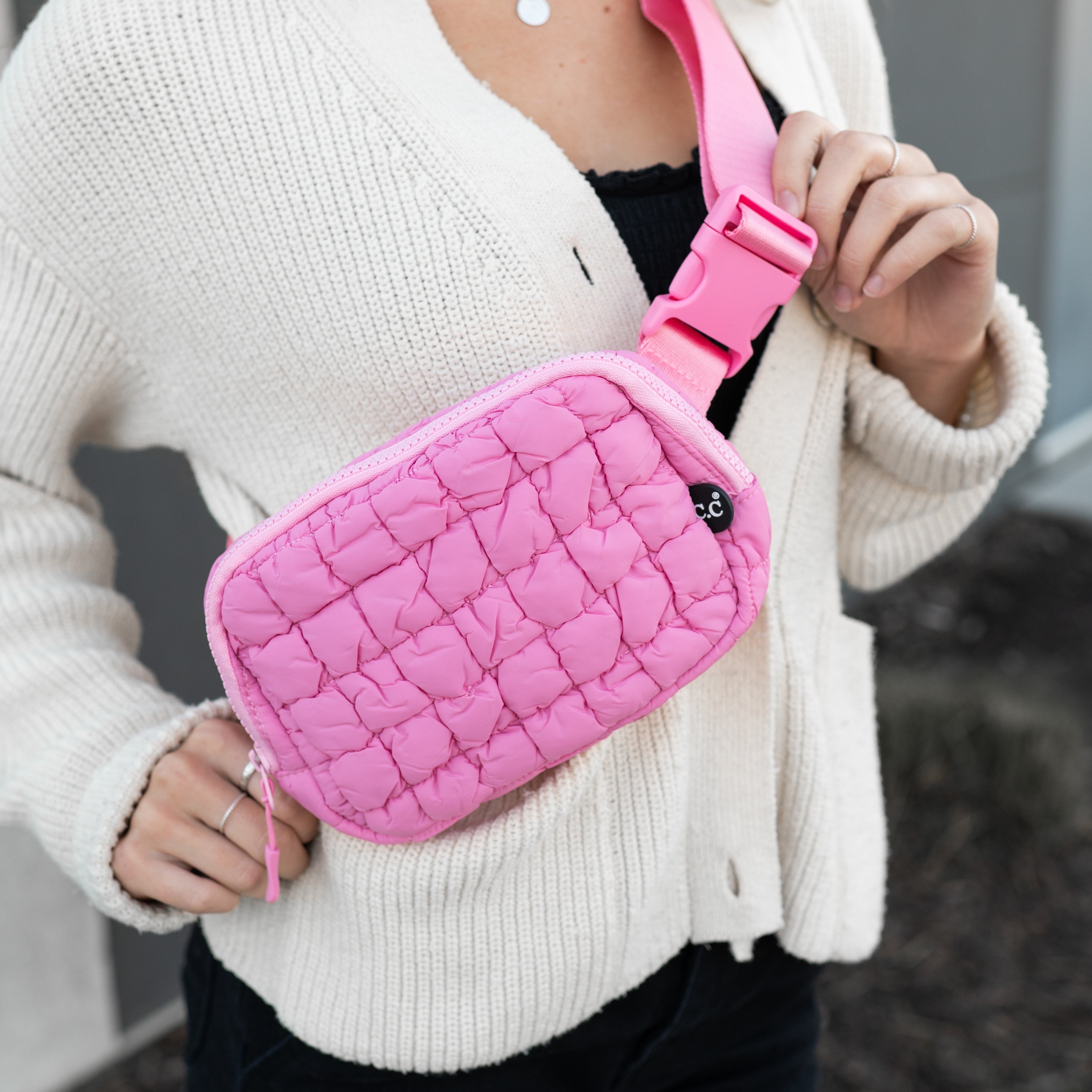 Pink quilted belt bag best sale