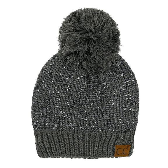 C.C Sequin Pom Winter Beanie Sparkle Cozy Warm Hat Unisex, Dark Grey