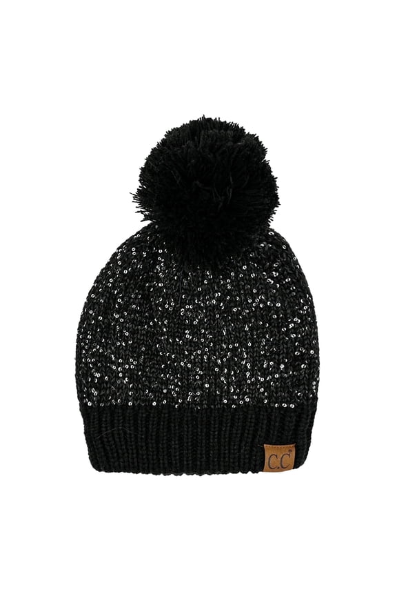 Sequin Pom Winter Beanie Sparkle Cozy Warm Hat Unisex, Black Silver