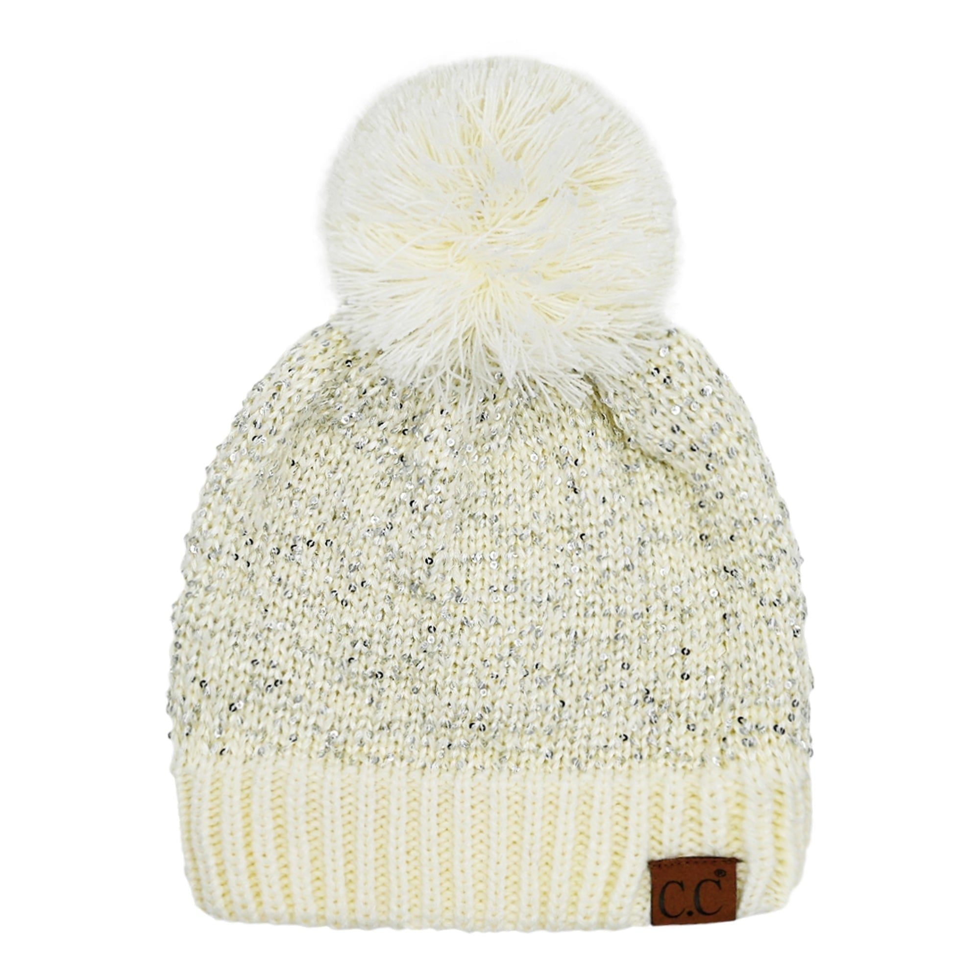 C.C Sequin Pom Winter Beanie Sparkle Cozy Warm Hat Unisex, Ivory Silver