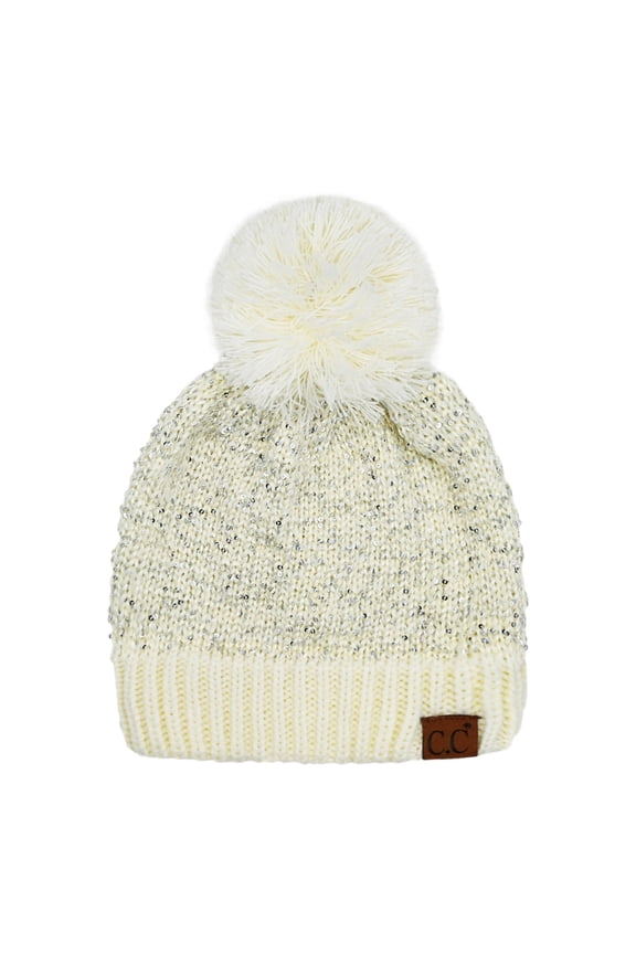 Sequin Pom Winter Beanie Sparkle Cozy Warm Hat Unisex, Ivory Silver
