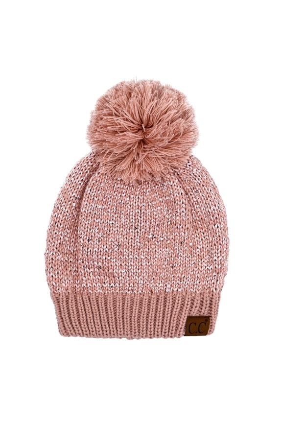 Sequin Pom Winter Beanie Sparkle Cozy Warm Hat Unisex, Rose