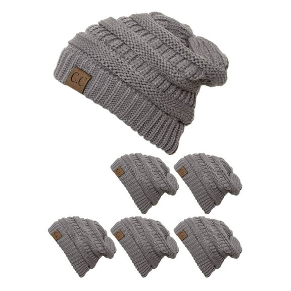 CC Slouch Thick Knit Beanie, Light Melange Grey ( 6 pack )